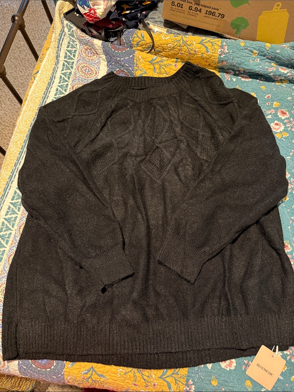 BloomChic Black Crewneck Sweater With Cable Knit Yoke Design